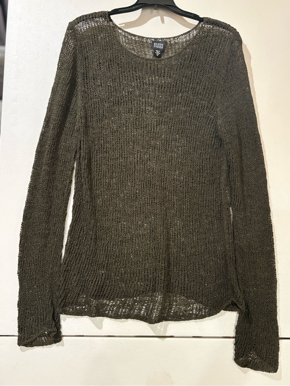 Eileen Fisher Olive Open-Knit Crewneck Sweater - Picture 4 of 6